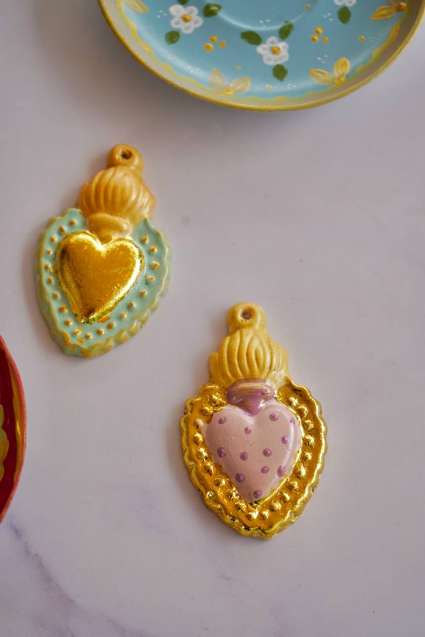 Cuore sacro tridimensionale – Foglia oro e colori pastello | Versione piccola 8.5 cm