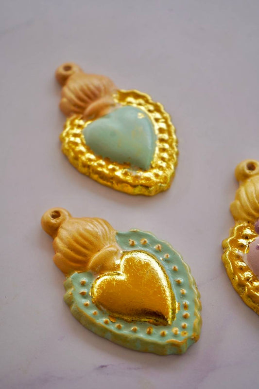 Cuore sacro tridimensionale – Foglia oro e colori pastello | Versione piccola 8.5 cm